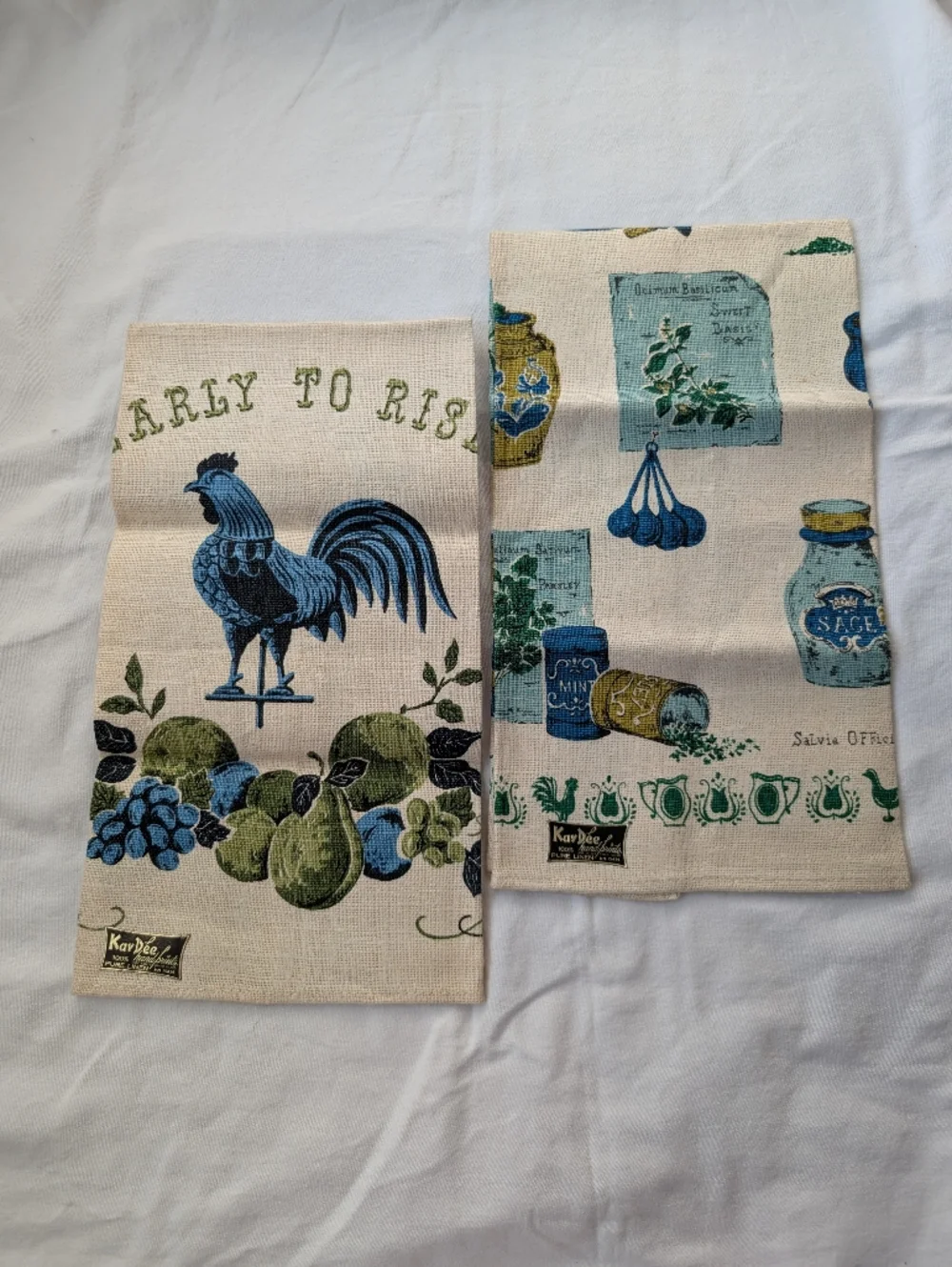 Vintage KayDee Handprints Linen Blue & Green Kitchen Towels - Rooster & Spices